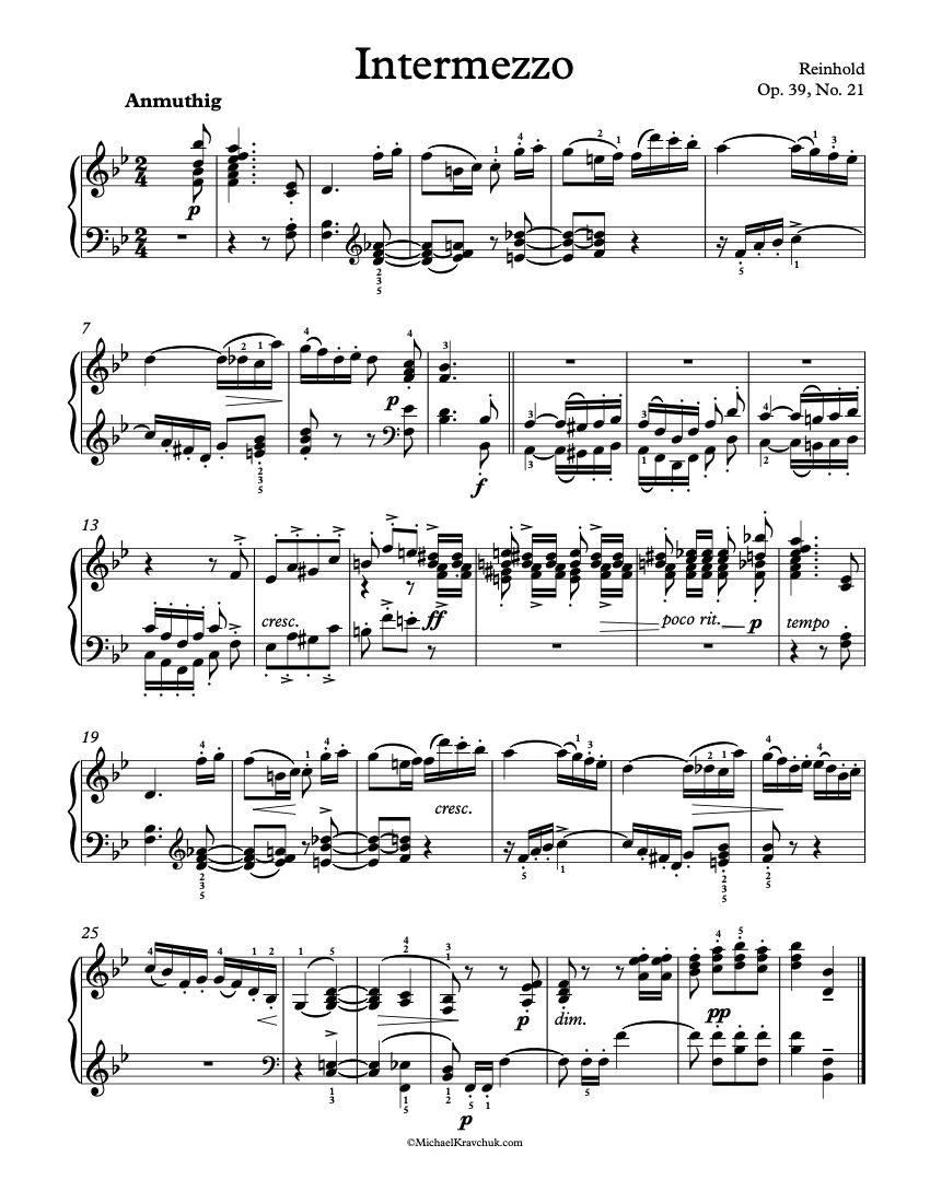 Intermezzo, Op. 39, No. 21 - Reinhold Piano Sheet Music