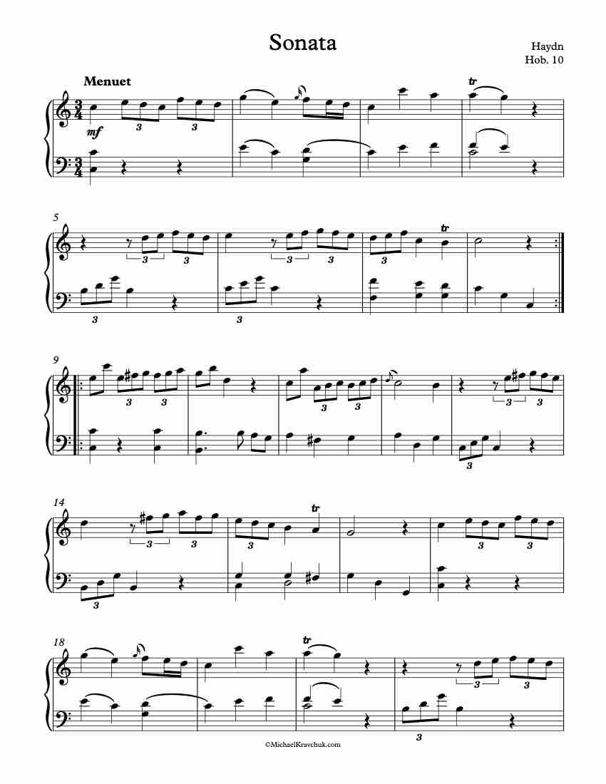 Sonata Hob. 10 – 2nd Movement – Menuet and Trio Piano Sheet Music