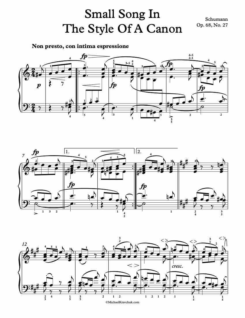 Small Song In Thee Style Of A Canon - Op. 68, No. 27 Piano Sheet Music